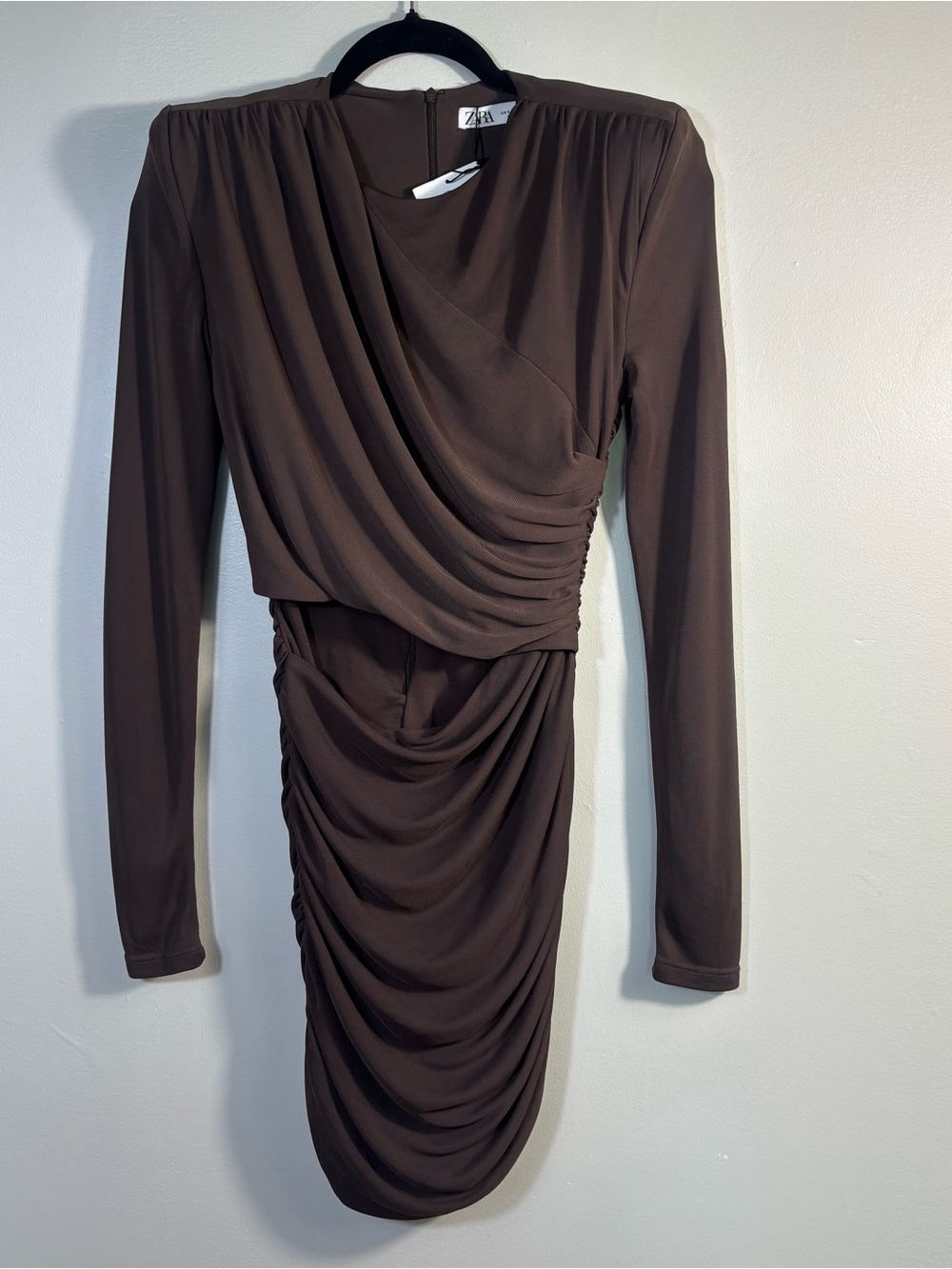 Zara Chocolate Brown Cut Out Long-Sleeve Ruched Dress